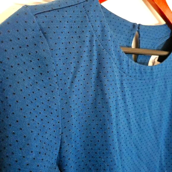 J. Jill Ponte Oxford Blue Black Polka Dot Ruffle Flounced Dress, Medium - Picture 2 of 8